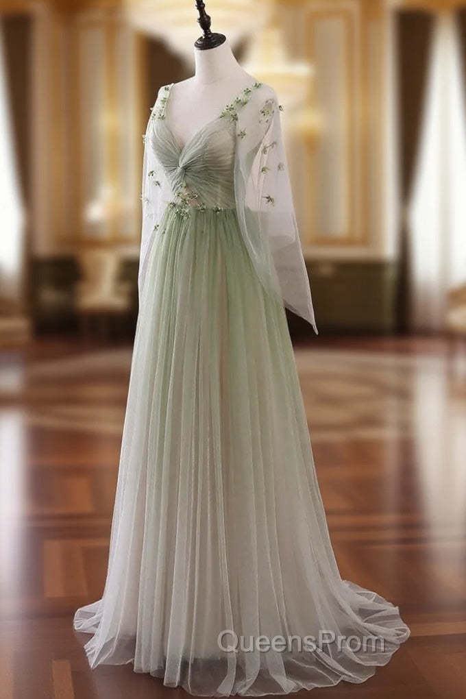 Gradient Tulle Green Long Sleeves Party Dress, Green Evening Dress Main image