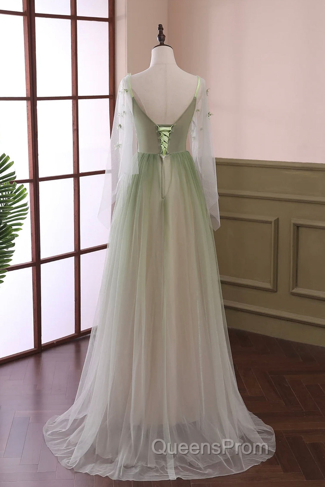 Gradient Tulle Green Long Sleeves Party Dress, Green Evening Dress
