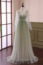 Gradient Tulle Green Long Sleeves Party Dress, Green Evening Dress