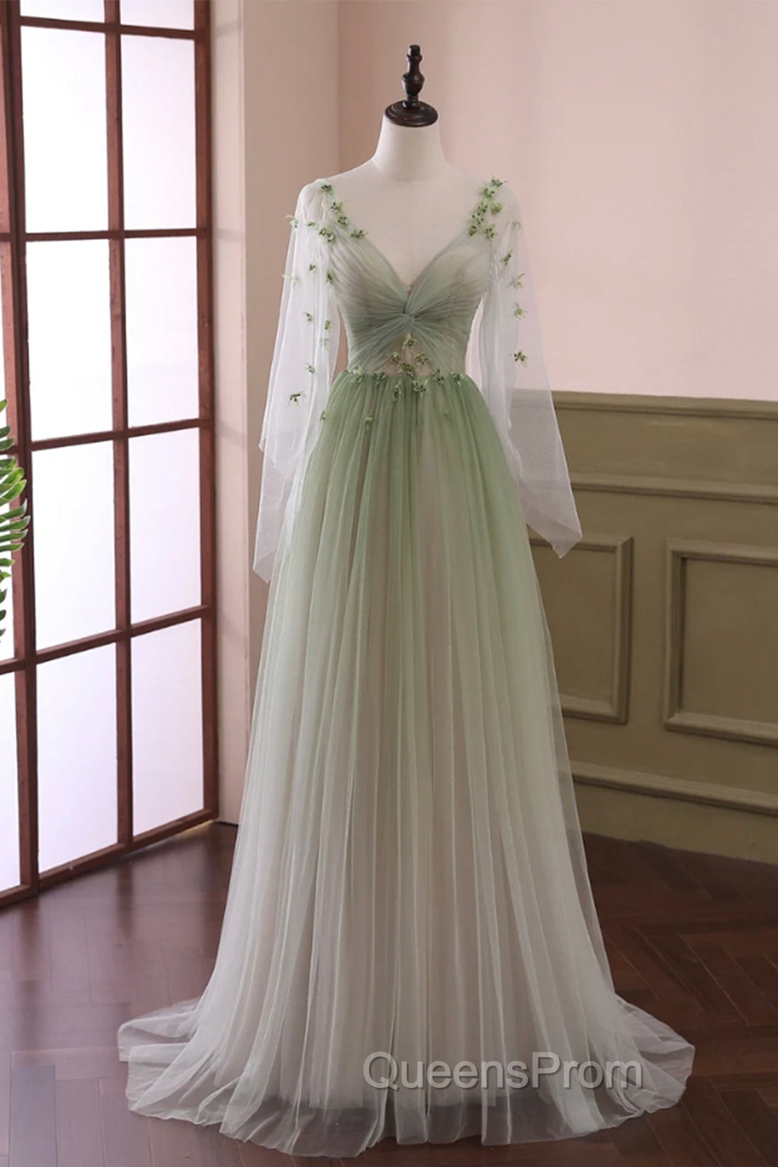 Gradient Tulle Green Long Sleeves Party Dress, Green Evening Dress