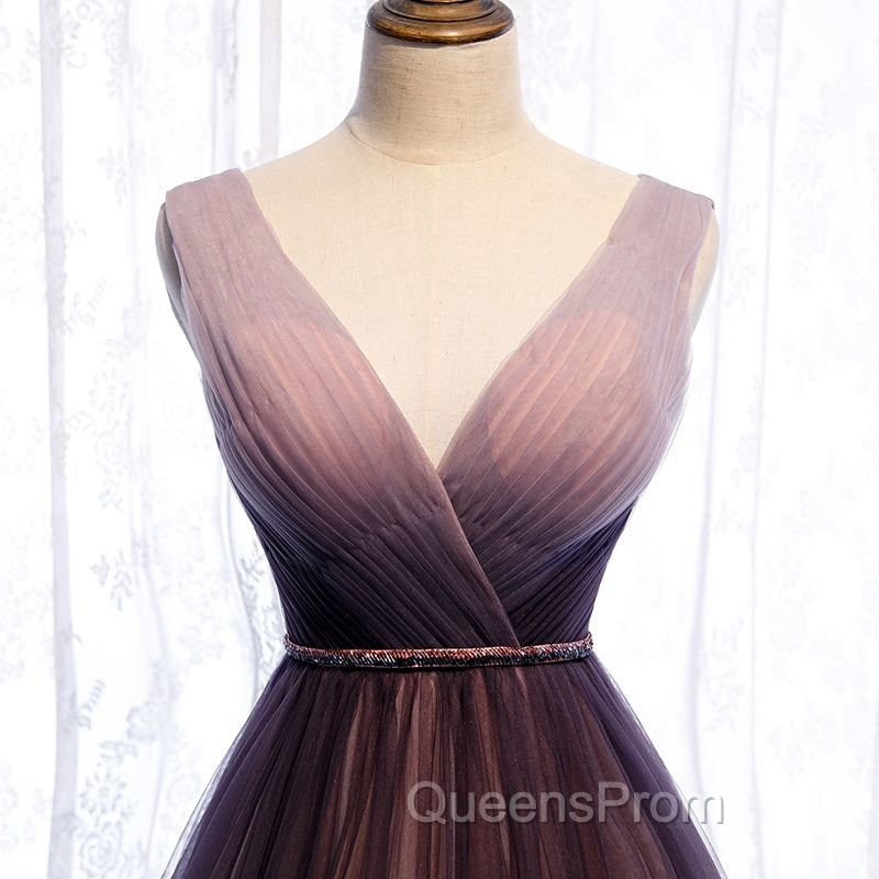 Gradient V-neckline Tulle Long Evening Prom Dress Party Dress, Gradient Evening Gown