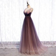 Gradient V-neckline Tulle Long Evening Prom Dress Party Dress, Gradient Evening Gown