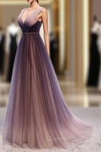 Gradient V-neckline Tulle Long Evening Prom Dress Party Dress, Gradient Evening Gown