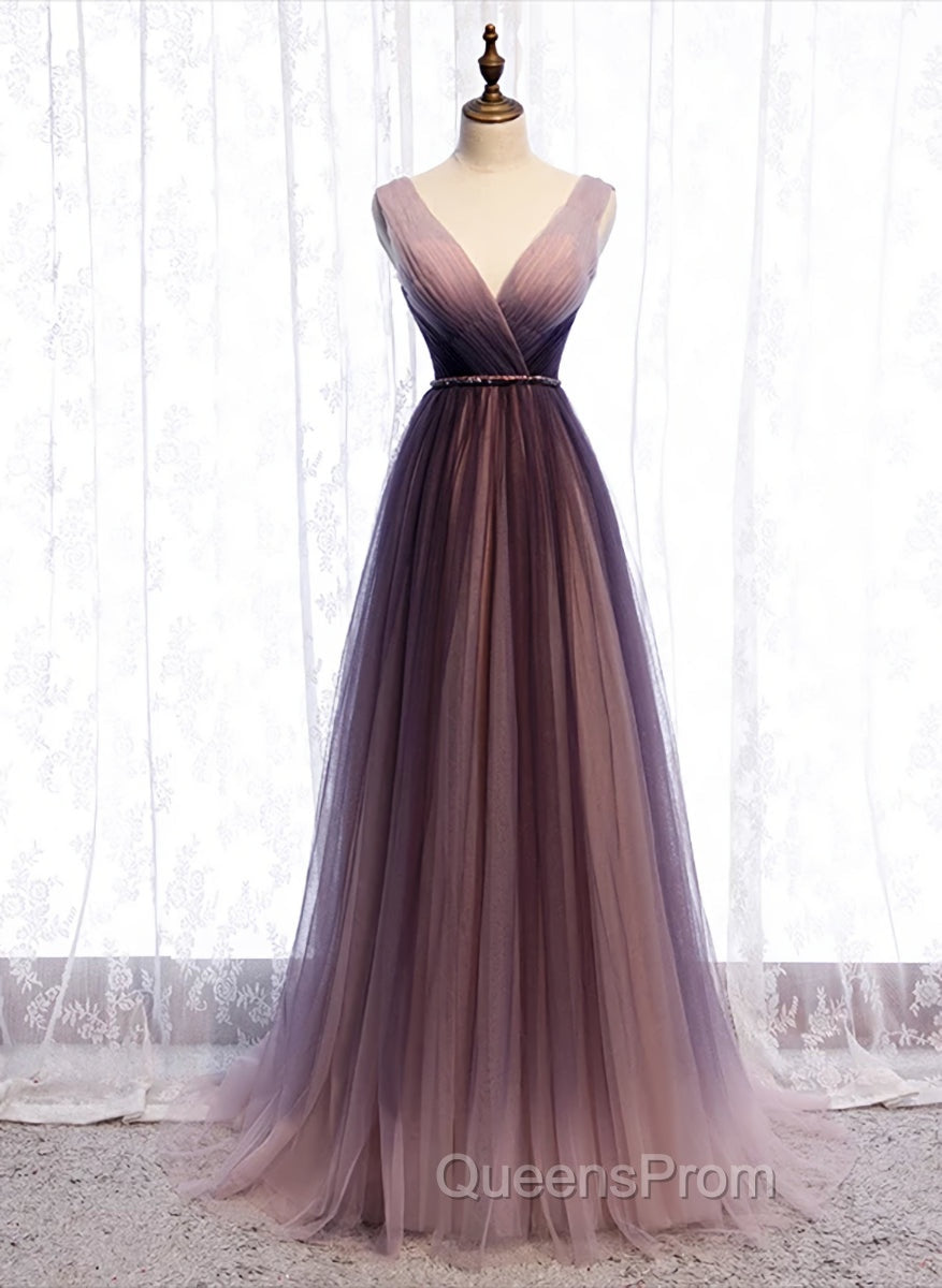 Gradient V-neckline Tulle Long Evening Prom Dress Party Dress, Gradient Evening Gown Main image