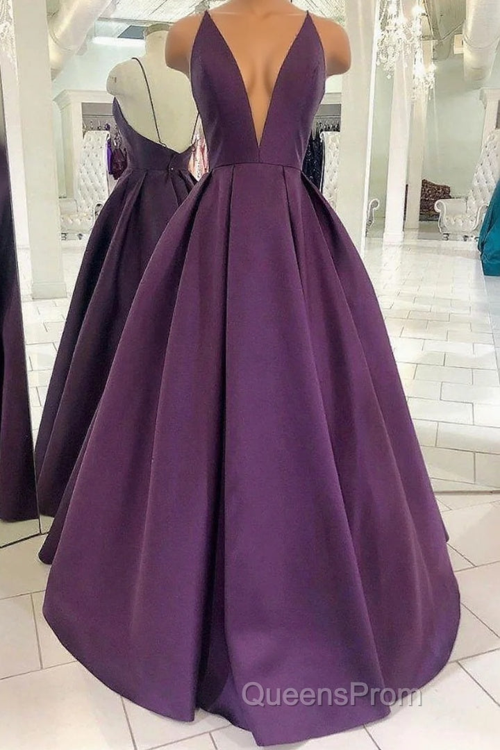 Grape Purple Satin V Neck Backless Long Evening Prom Dress Main image