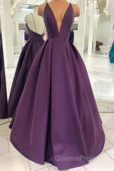 Grape Purple Satin V Neck Backless Long Evening Prom Dress