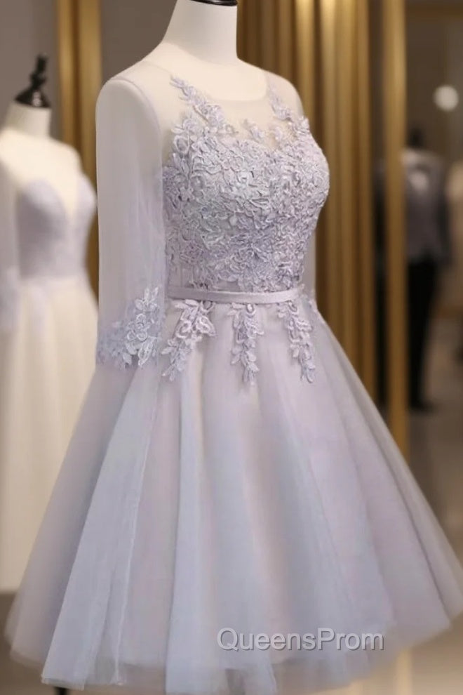 Gray 3/4 Sleeve Lace Homecoming Dress