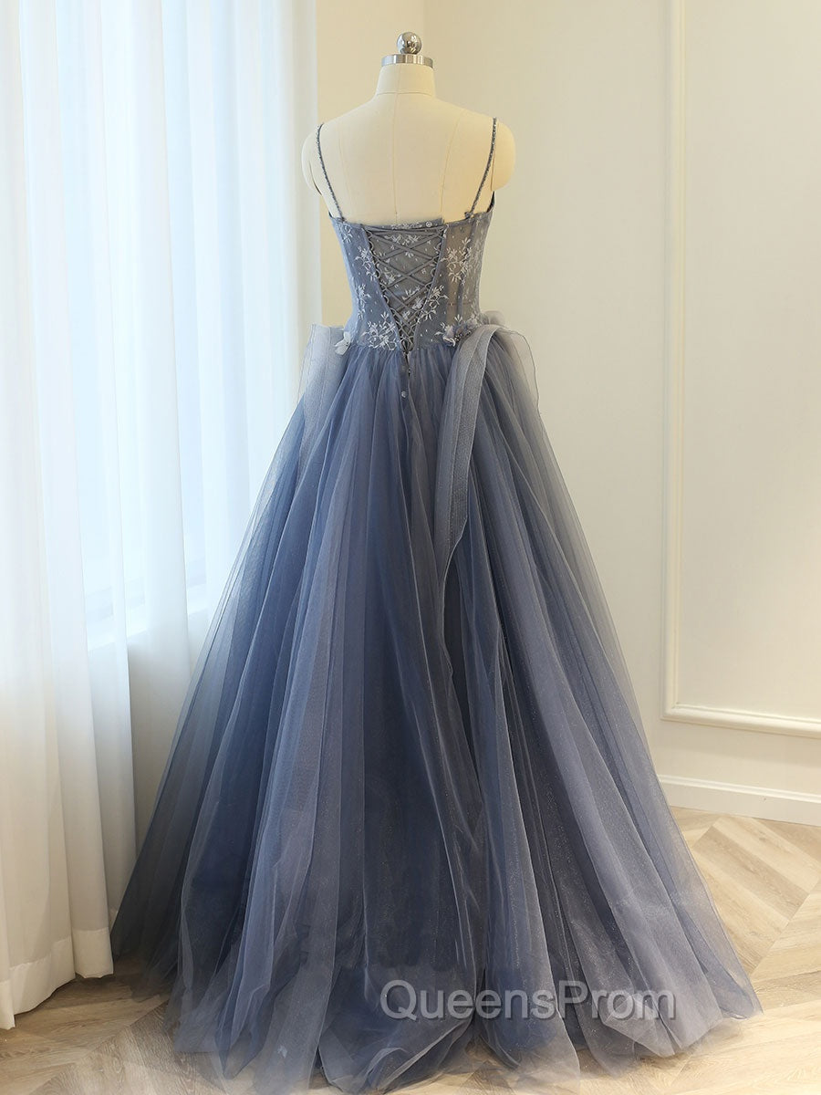 Gray A Line Lace Tulle Long Evening Prom Dress, Gray Evening Dress Secondary image