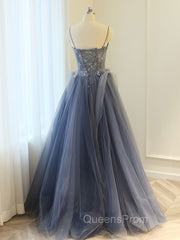 Gray A Line Lace Tulle Long Evening Prom Dress, Gray Evening Dress