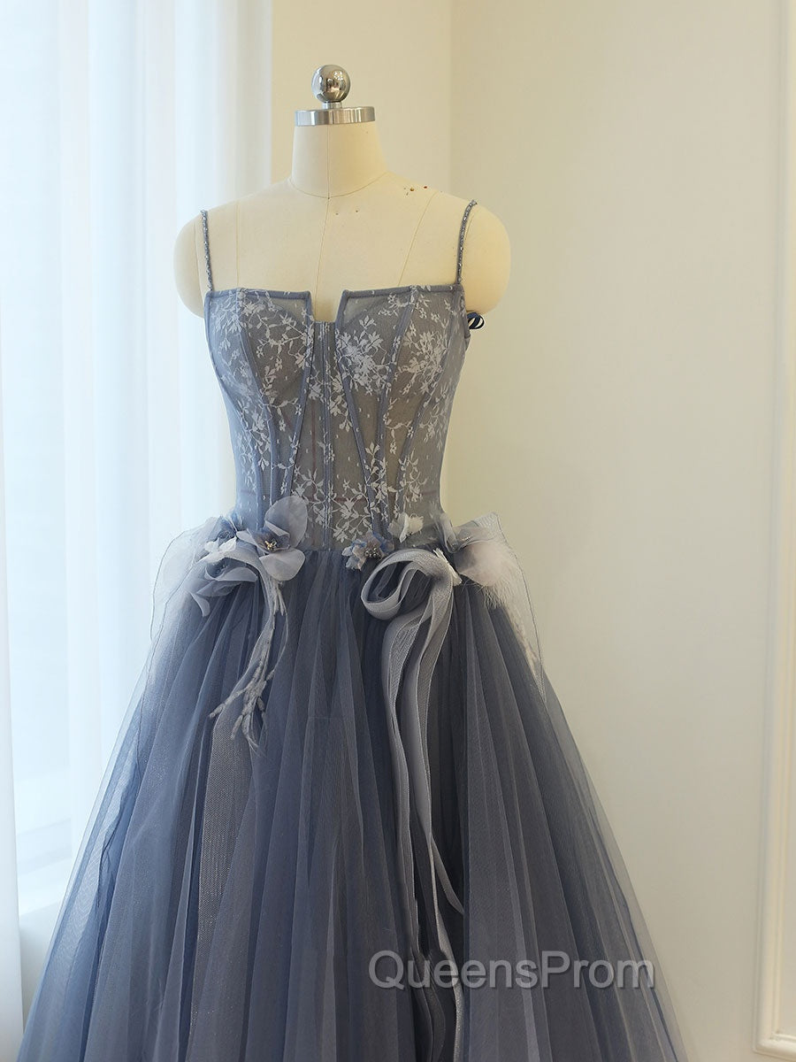 Gray A Line Lace Tulle Long Evening Prom Dress, Gray Evening Dress