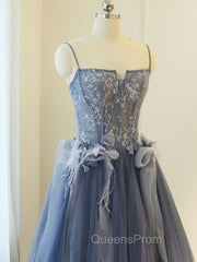 Gray A Line Lace Tulle Long Evening Prom Dress, Gray Evening Dress