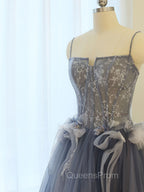 Gray A Line Lace Tulle Long Evening Prom Dress, Gray Evening Dress