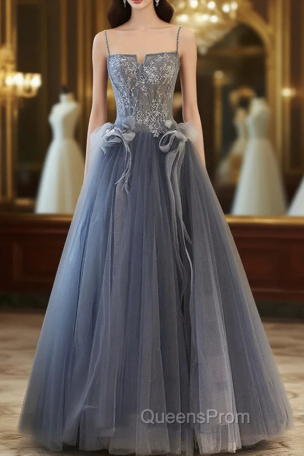 Gray A Line Lace Tulle Long Evening Prom Dress, Gray Evening Dress Main image