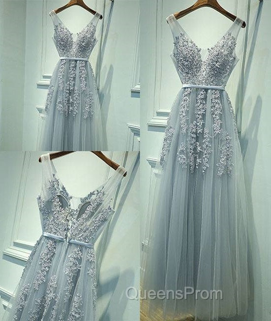 Gray A-Line Lace Tulle Long Evening Prom Dress, Lace Tulle Bridesmaid Dress Main image