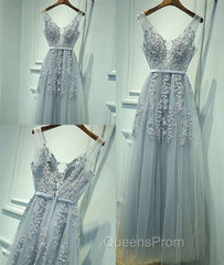Gray A-Line Lace Tulle Long Evening Prom Dress, Lace Tulle Bridesmaid Dress