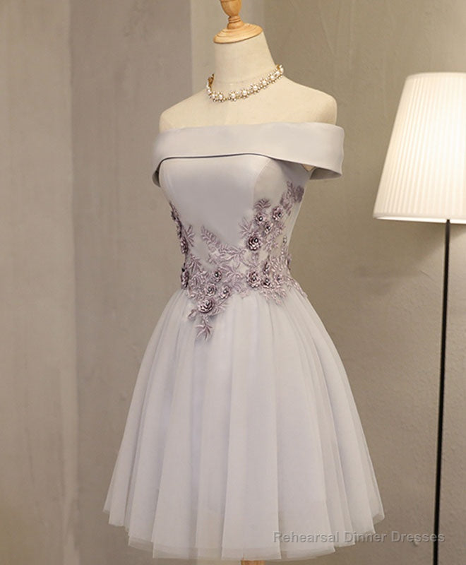 Gray A Line Off Shoulder Knee Length Prom Dress, Lace Homecoming Dresses