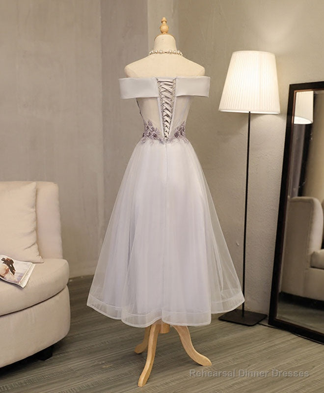 Gray A Line Off Shoulder Tea Length Prom Dress, Lace Homecoming Dress Secondary image