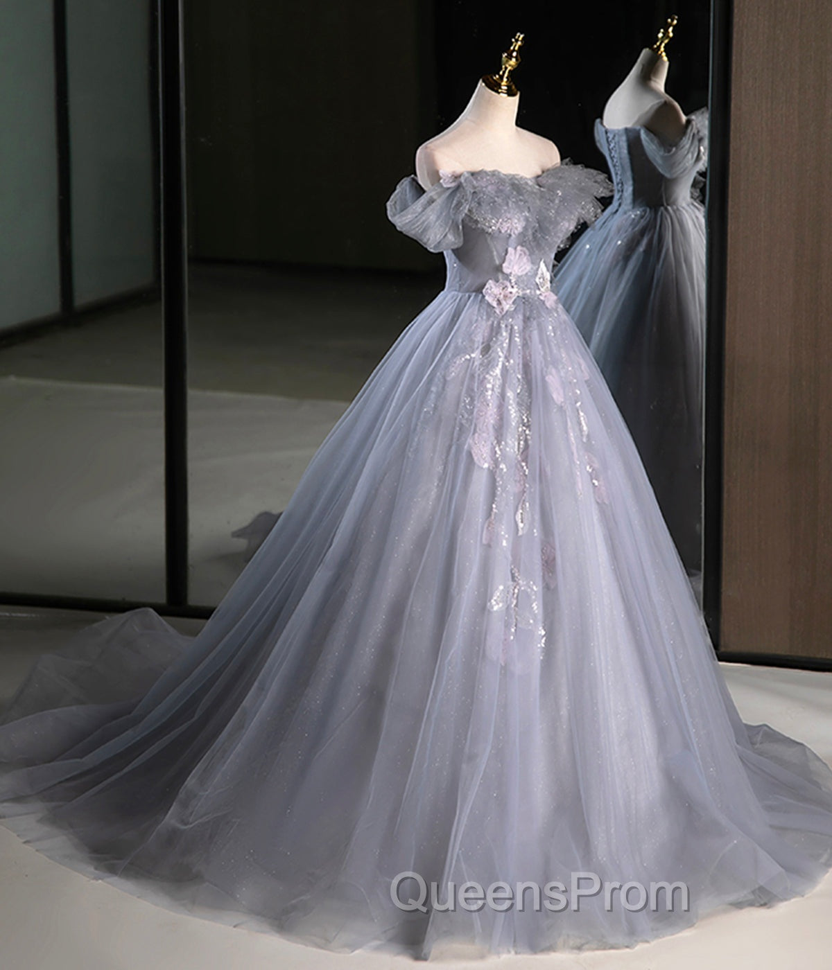 Gray A Line Off the Shoulder Appliques Tulle Long Evening Prom Dress Evening Party Dress
