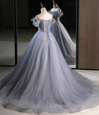 Gray A Line Off the Shoulder Appliques Tulle Long Evening Prom Dress Evening Party Dress