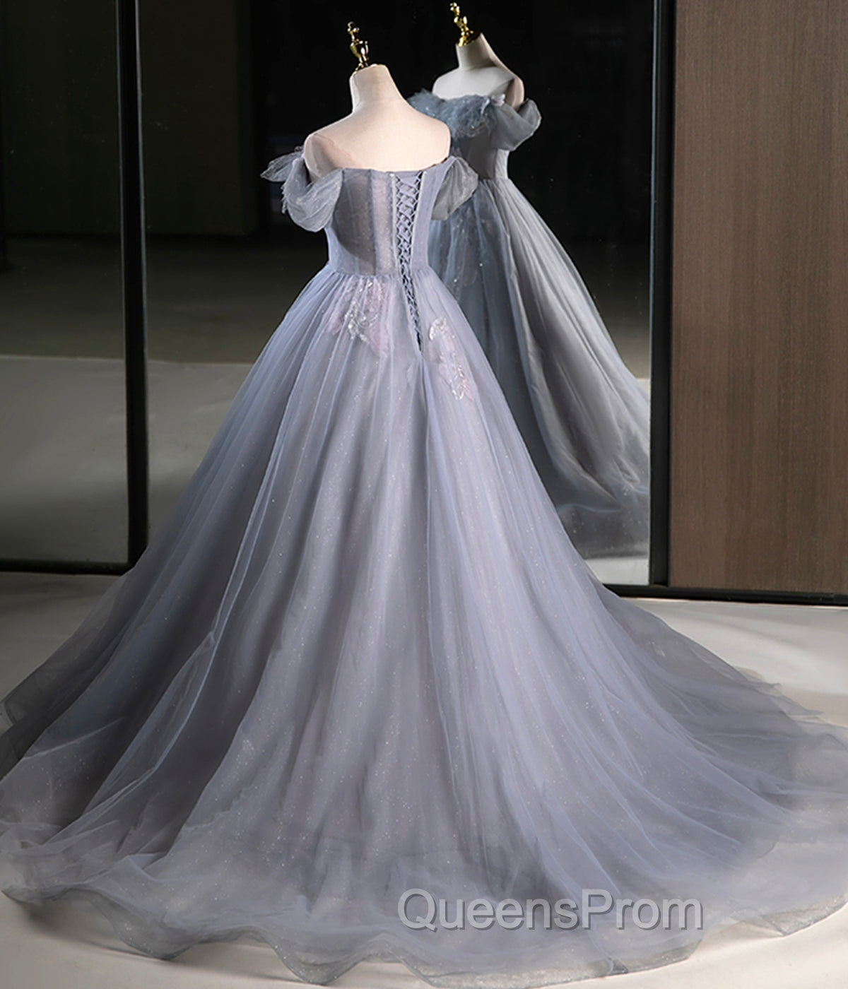 Gray A Line Off the Shoulder Appliques Tulle Long Evening Prom Dress Evening Party Dress