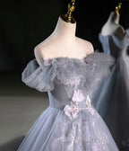 Gray A Line Off the Shoulder Appliques Tulle Long Evening Prom Dress Evening Party Dress