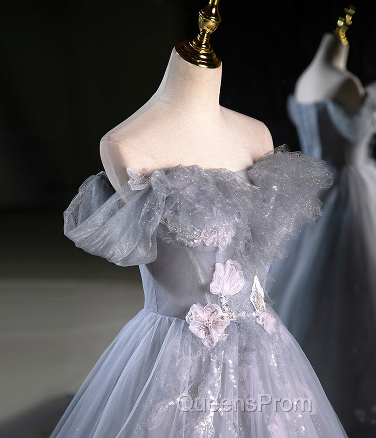 Gray A Line Off the Shoulder Appliques Tulle Long Evening Prom Dress Evening Party Dress