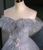 Gray A Line Off the Shoulder Appliques Tulle Long Evening Prom Dress Evening Party Dress