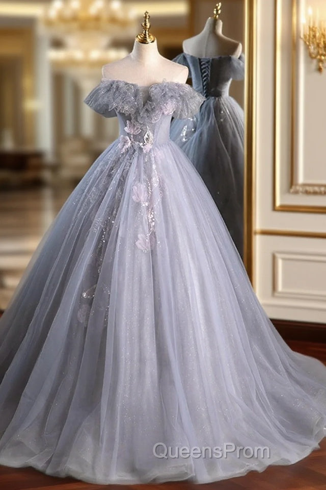 Gray A Line Off the Shoulder Appliques Tulle Long Evening Prom Dress Evening Party Dress Main image