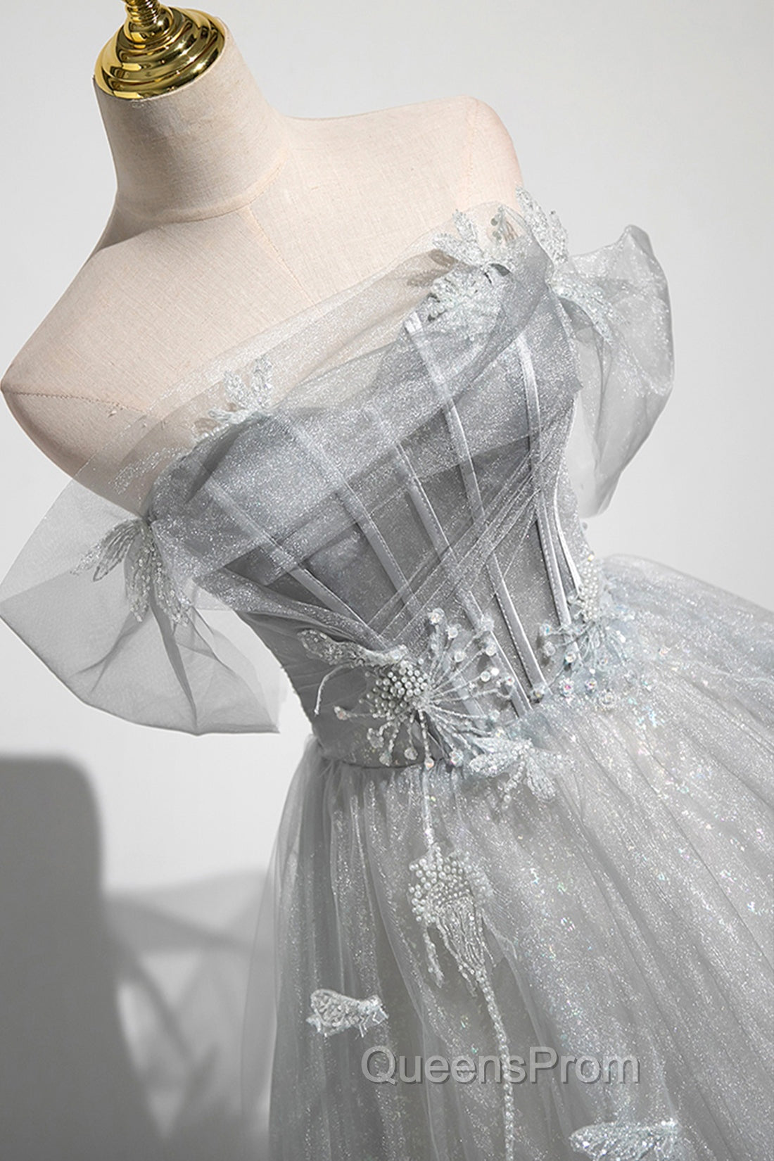 Gray A-Line Off the Shoulder Tulle Evening Prom Dress, Lovely Corset Floor Length Party Dress