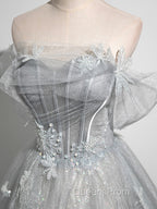 Gray A-Line Off the Shoulder Tulle Evening Prom Dress, Lovely Corset Floor Length Party Dress