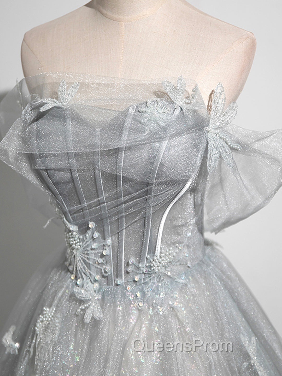 Gray A-Line Off the Shoulder Tulle Evening Prom Dress, Lovely Corset Floor Length Party Dress