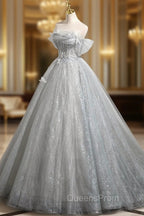 Gray A-Line Off the Shoulder Tulle Evening Prom Dress, Lovely Corset Floor Length Party Dress
