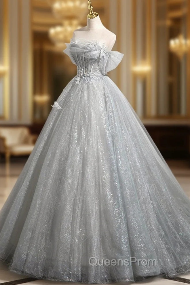 Gray A-Line Off the Shoulder Tulle Evening Prom Dress, Lovely Corset Floor Length Party Dress