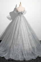 Gray A-Line Off the Shoulder Tulle Evening Prom Dress, Lovely Corset Floor Length Party Dress