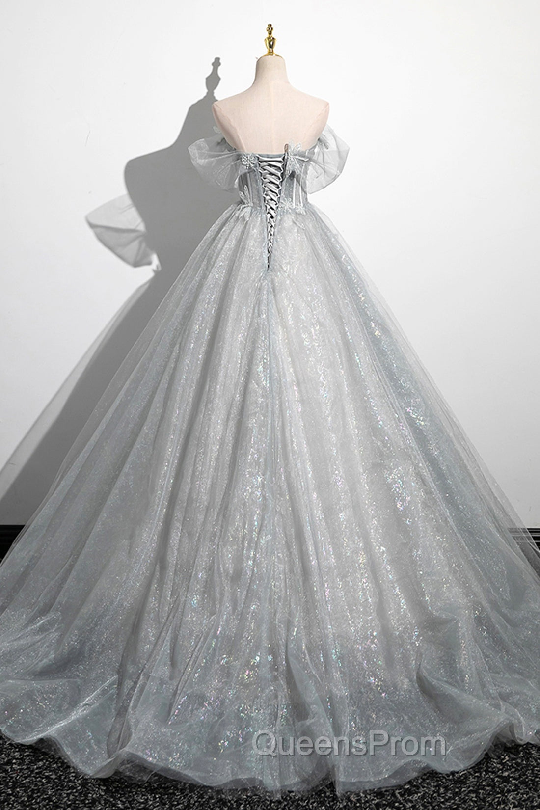 Gray A-Line Off the Shoulder Tulle Evening Prom Dress, Lovely Corset Floor Length Party Dress