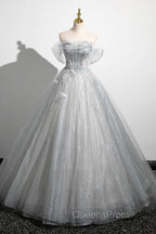 Gray A-Line Off the Shoulder Tulle Evening Prom Dress, Lovely Corset Floor Length Party Dress