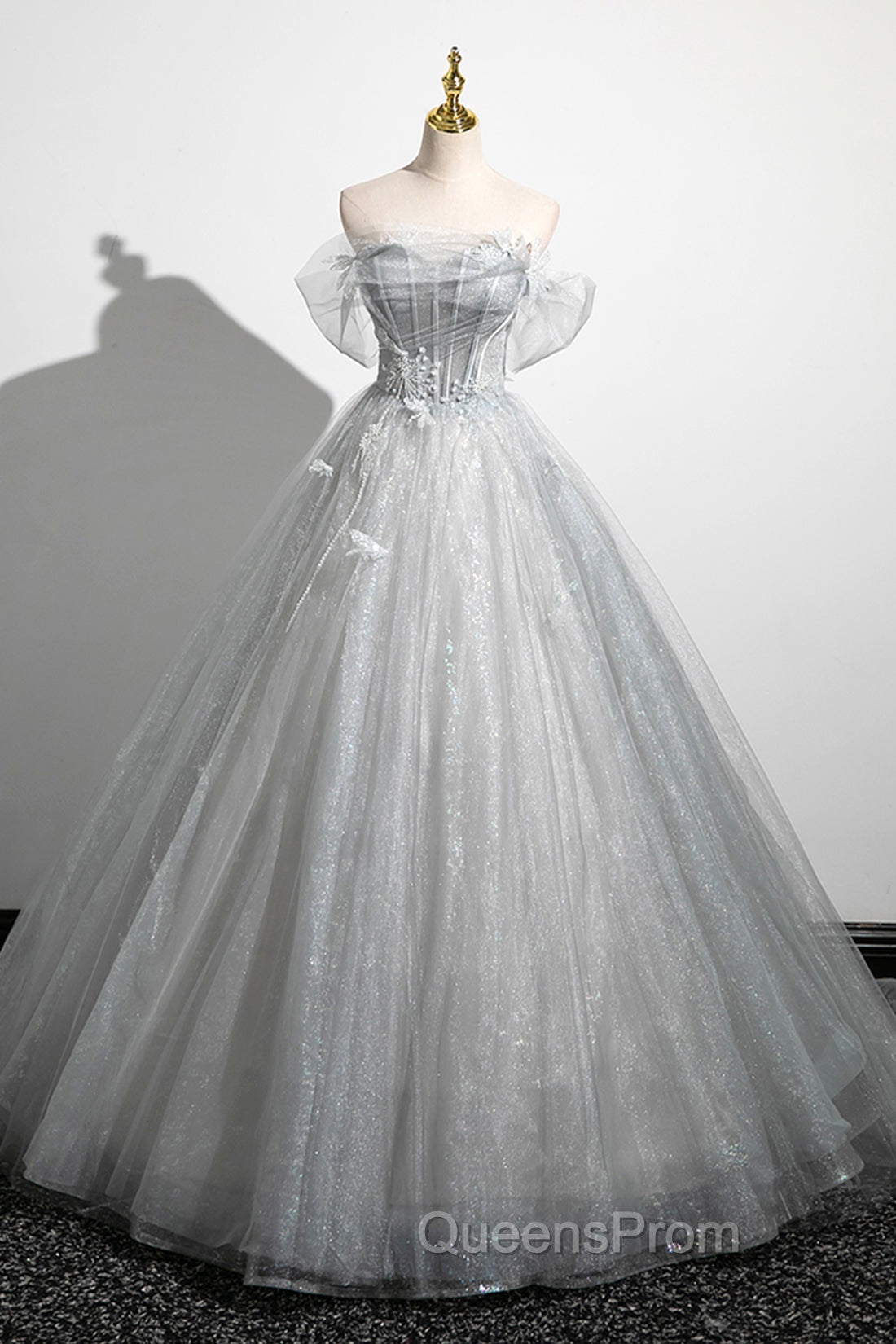 Gray A-Line Off the Shoulder Tulle Evening Prom Dress, Lovely Corset Floor Length Party Dress