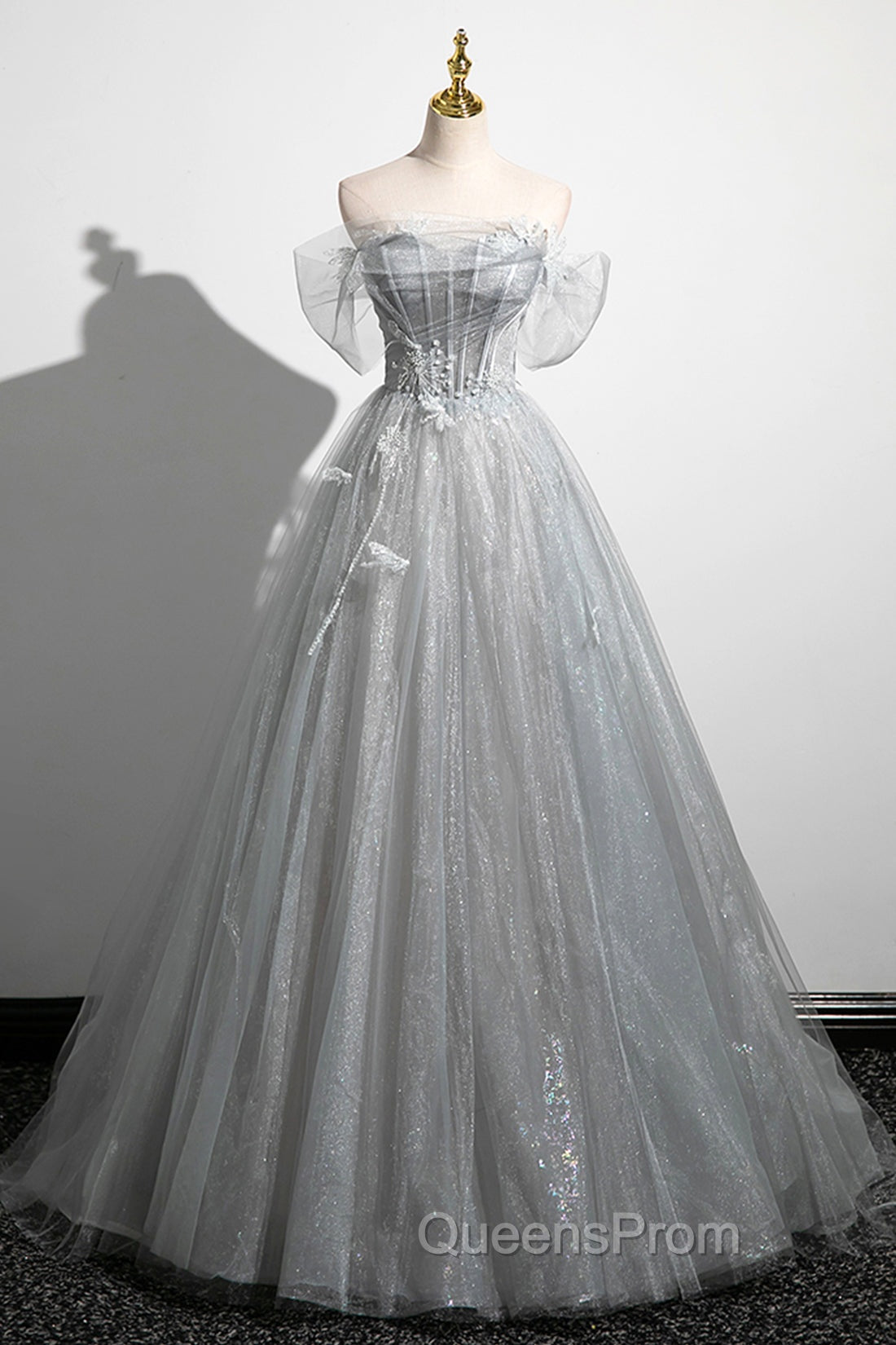 Gray A-Line Off the Shoulder Tulle Evening Prom Dress, Lovely Corset Floor Length Party Dress Secondary image