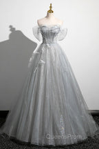 Gray A-Line Off the Shoulder Tulle Evening Prom Dress, Lovely Corset Floor Length Party Dress