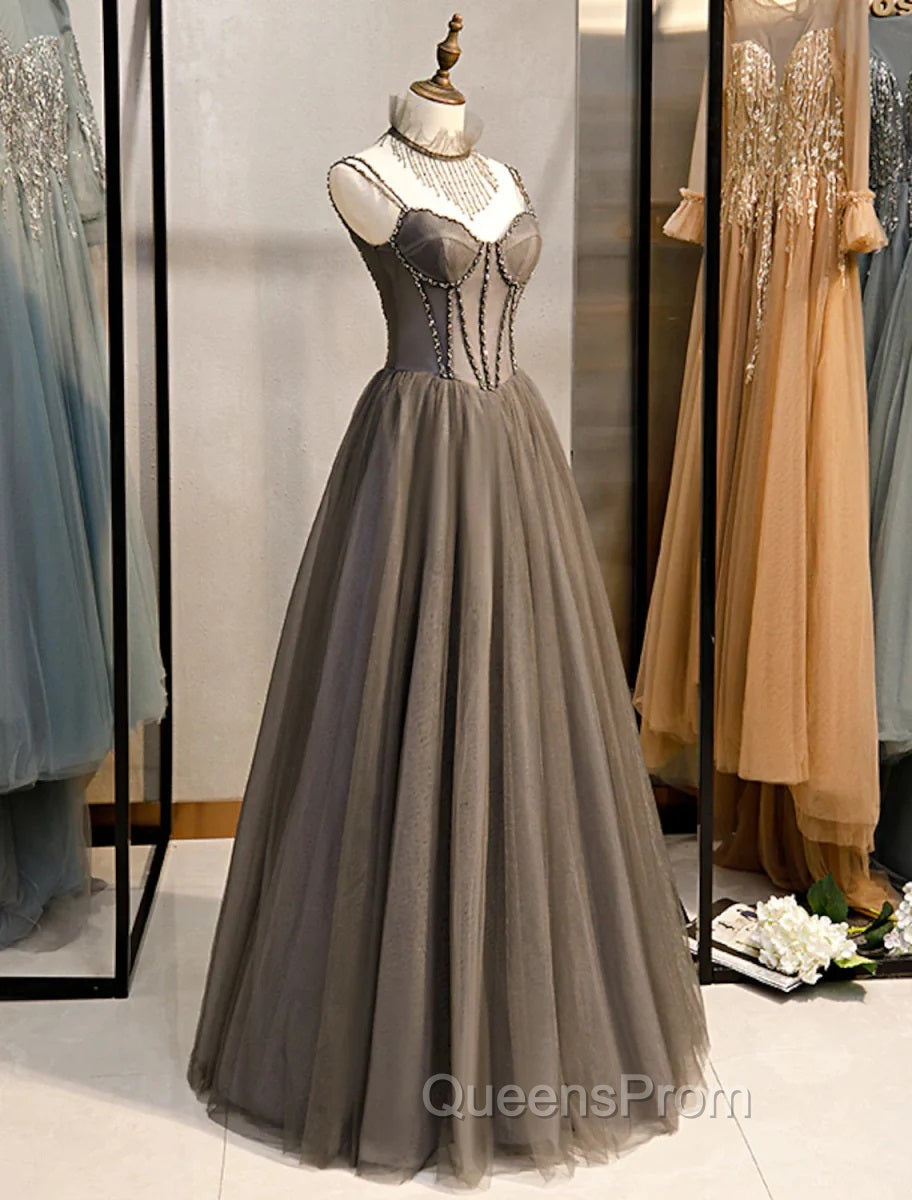 Gray A-Line Evening Prom Dress Open Back Dress Evening Wedding Party Floor Length Sleeveless Spaghetti Strap Tulle with Pleats Crystals Secondary image