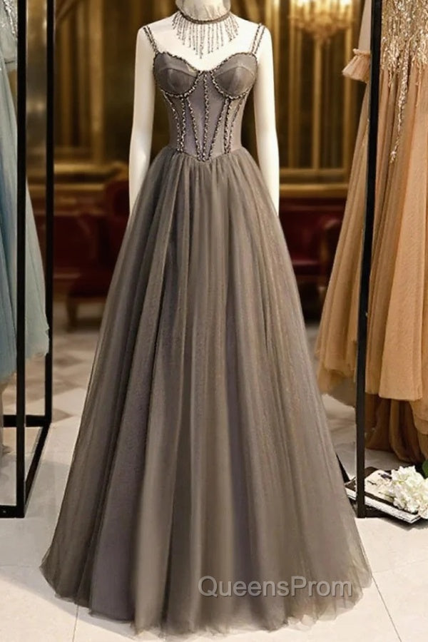 Gray A-Line Evening Prom Dress Open Back Dress Evening Wedding Party Floor Length Sleeveless Spaghetti Strap Tulle with Pleats Crystals Main image