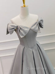 Gray A-Line Satin Long Evening Prom Dress, Gray Formal Evening Dress