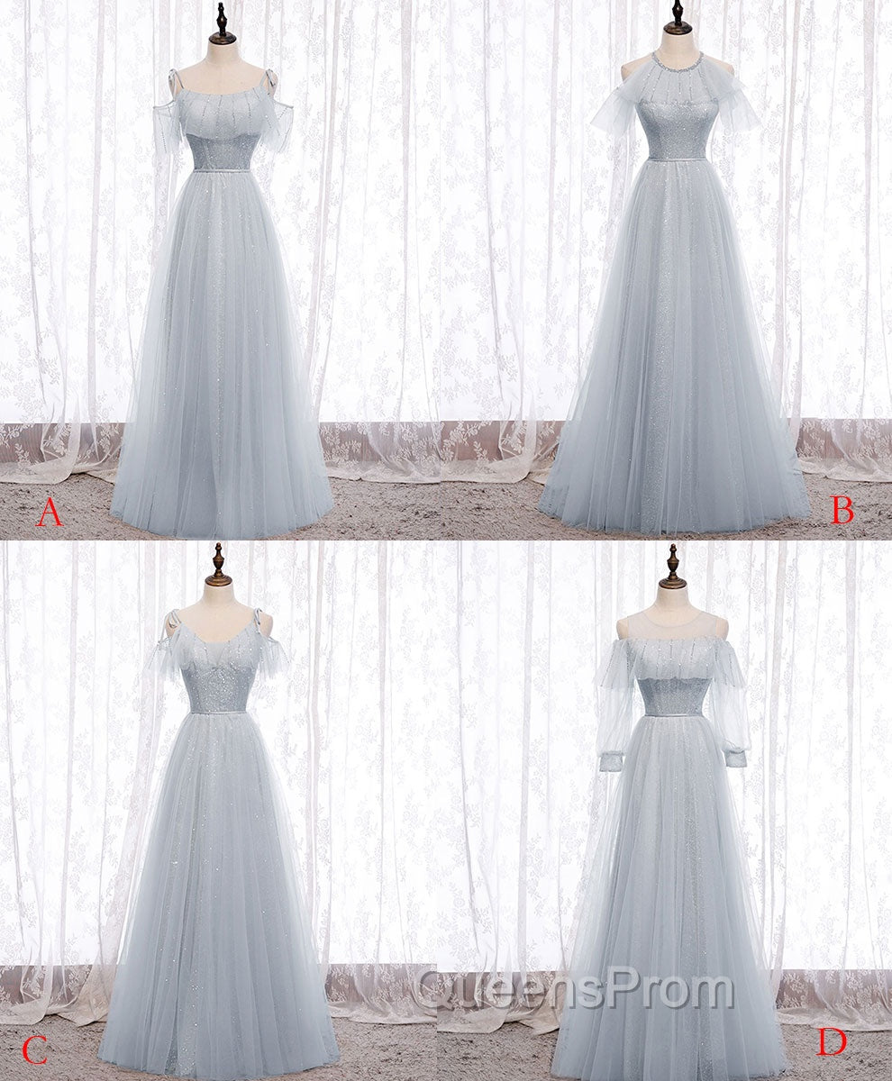 Gray A line Tulle Long Evening Prom Dress, Gray Evening Bridesmaid Dress Secondary image
