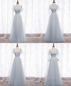 Gray A line Tulle Long Evening Prom Dress, Gray Evening Bridesmaid Dress