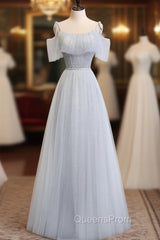 Gray A line Tulle Long Evening Prom Dress, Gray Evening Bridesmaid Dress