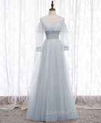 Gray A line Tulle Long Evening Prom Dress, Gray Evening Bridesmaid Dress