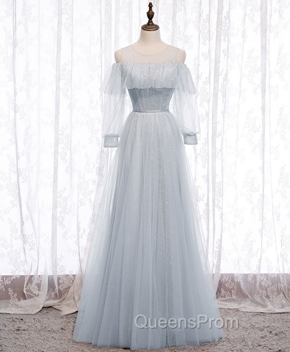 Gray A line Tulle Long Evening Prom Dress, Gray Evening Bridesmaid Dress