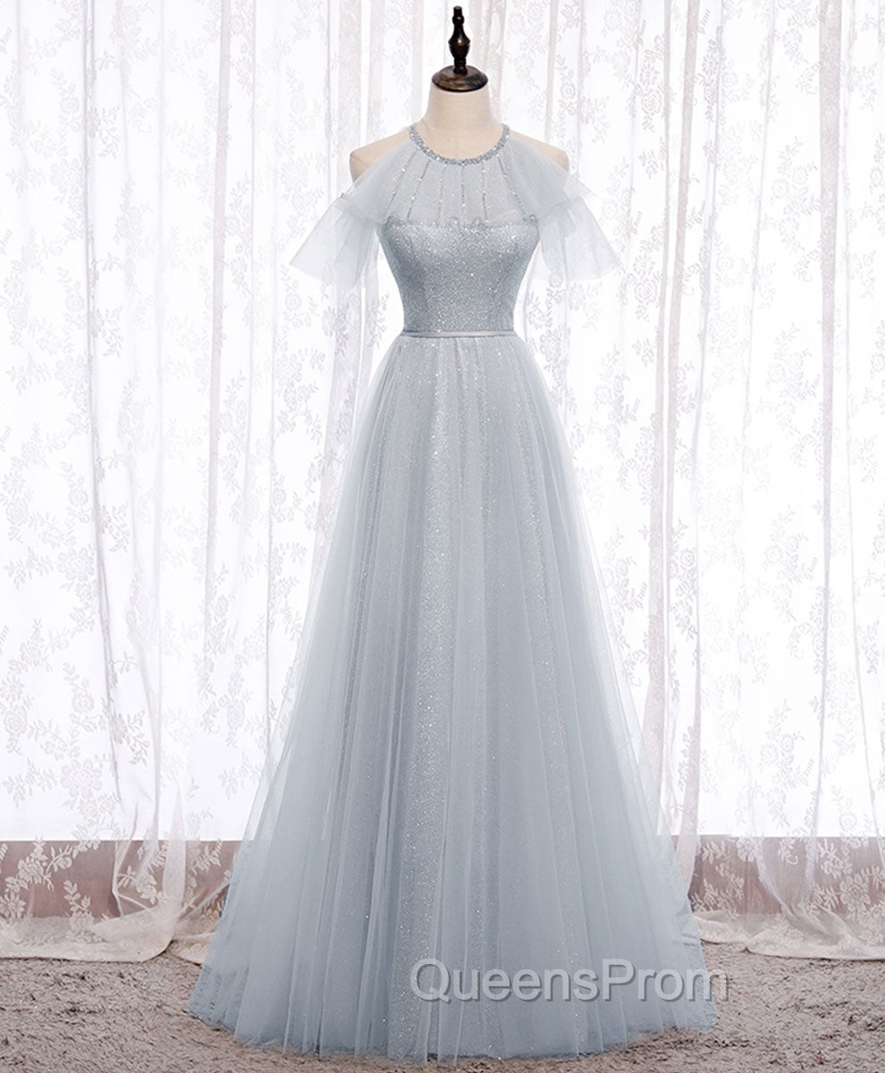 Gray A line Tulle Long Evening Prom Dress, Gray Evening Bridesmaid Dress Main image