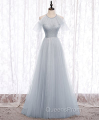 Gray A line Tulle Long Evening Prom Dress, Gray Evening Bridesmaid Dress