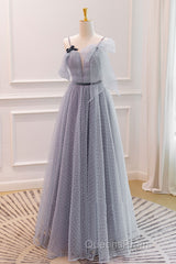 Gray A-Line Tulle Long Evening Prom Dress, Gray Formal Evening Dress